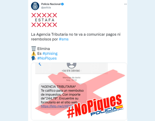 Twitter del CNP con estafa vía sms suplantando a la AEAT