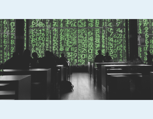 Aula con código binario de fondo