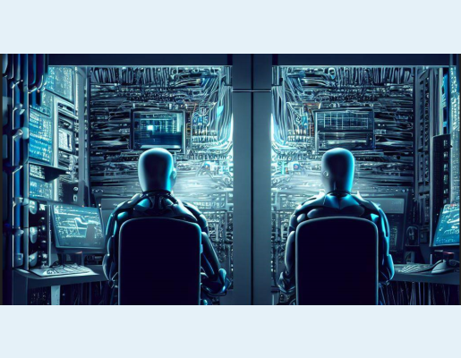 Ilustración digital de robots mirando pantallas