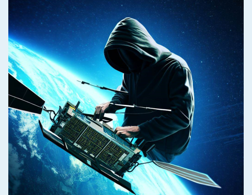 Fotomontaje de un hacker manipulando un satélite