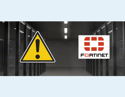 Fotografía de servidores con símbolo de alerta y logotipo de Fortinet
