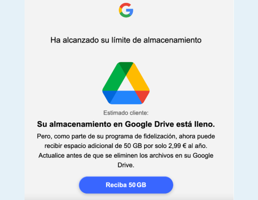 Falsa oferta de almacenamento en Google Drive