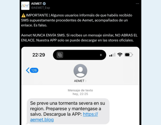 SMS FALSO aviso meteorolóxico e falsa app de AEMET