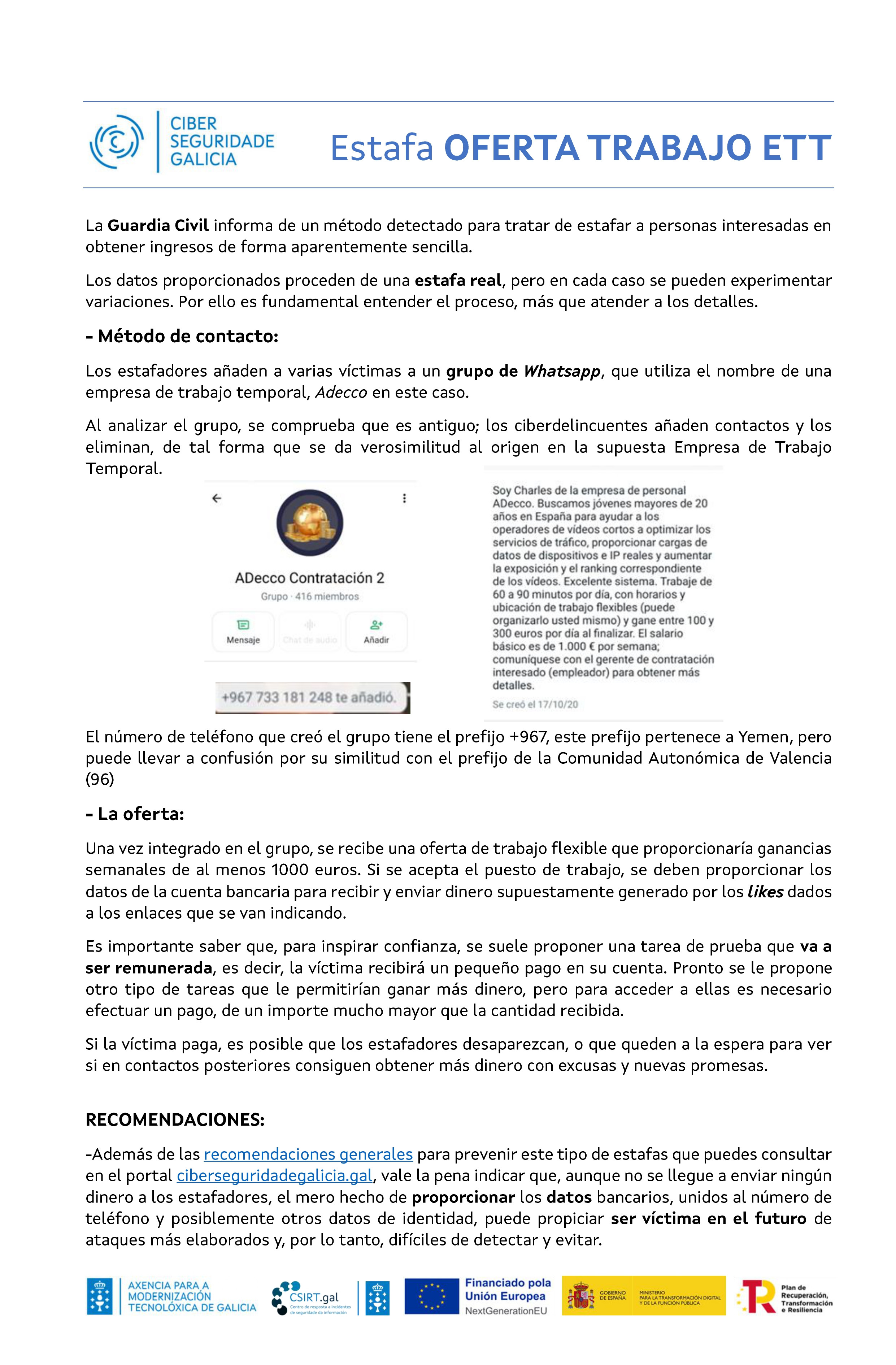 Descripción de la estafa de la oferta de trabajo de ETT