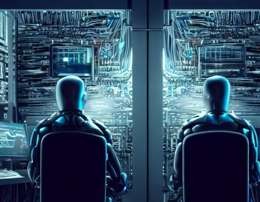 Ilustración digital de robots mirando pantallas