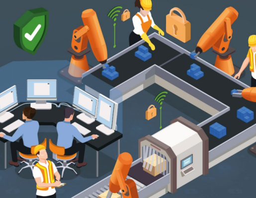 Ilustración de cadena de montaje y control de calidad