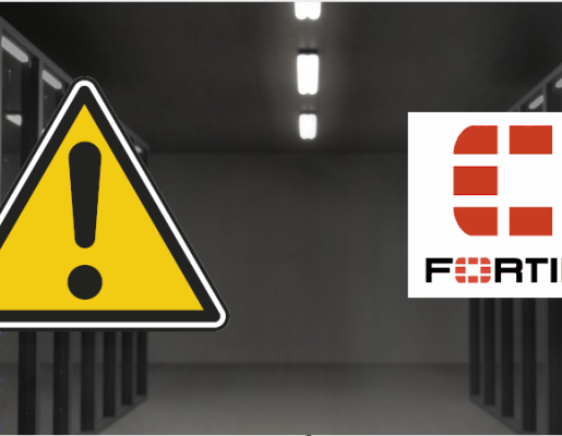 Fotografía de servidores con símbolo de alerta y logotipo de Fortinet