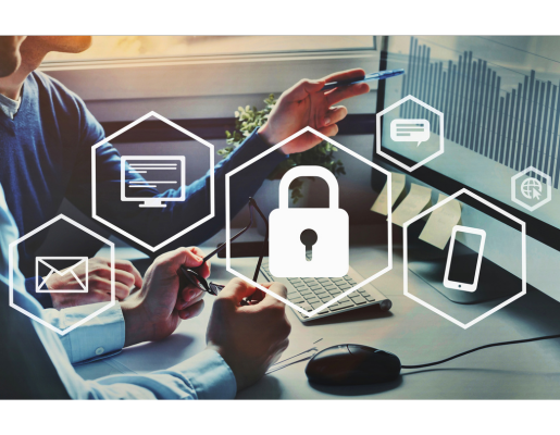 Persoas ante un ordenador e elementos de ciberseguridade