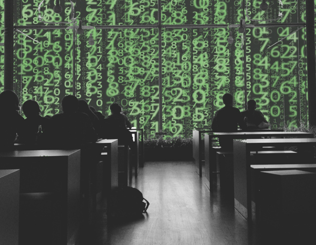 Aula con código binario de fondo